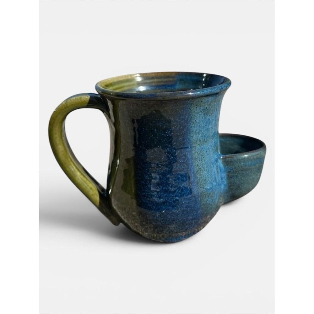 MudWorks Tea Bag Pocket Mug Blue Green Handmade Pottery Ceramic Coffee Cup